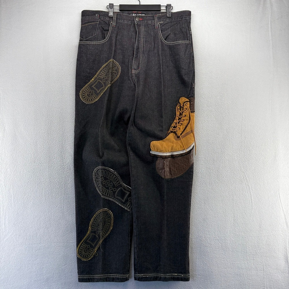 Vintage Raw Blue Jeans Mens 38x33 Black Boot Patch Hip Hop Y2K Baggy Denim 2000s